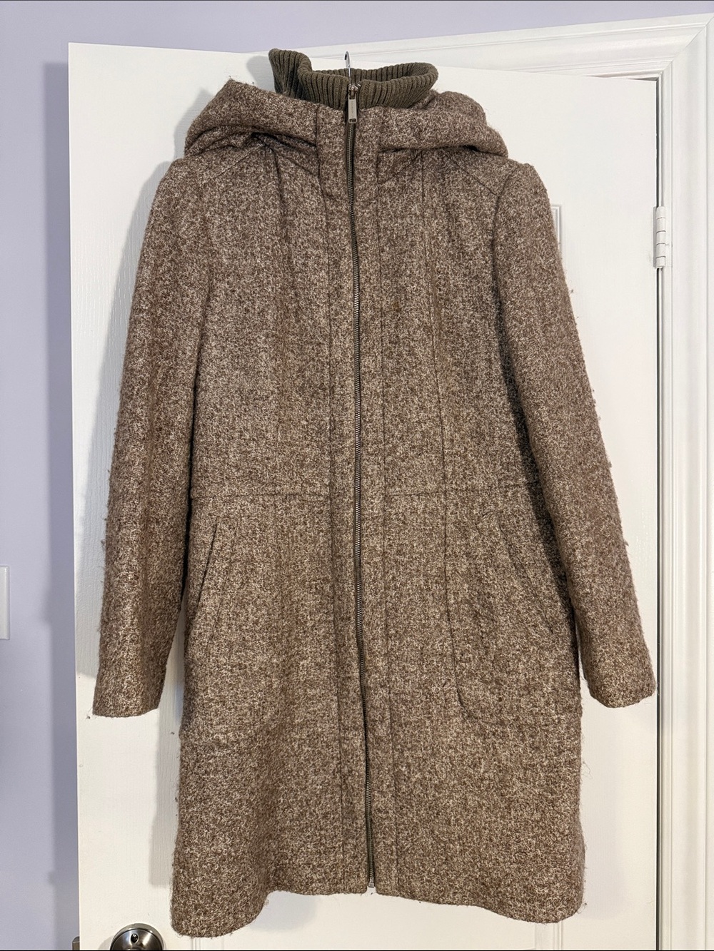 London Fog Wool Blend Hooded Winter Coat Knit Collar Tan Medium